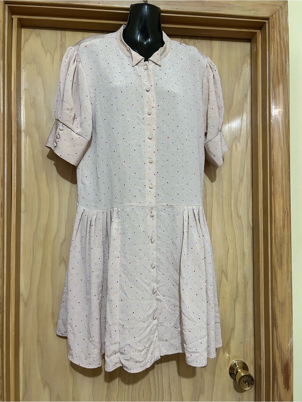 Deborah Lyons Anita Baby Doll Pale Blush Dot Button-Front Mini Dress